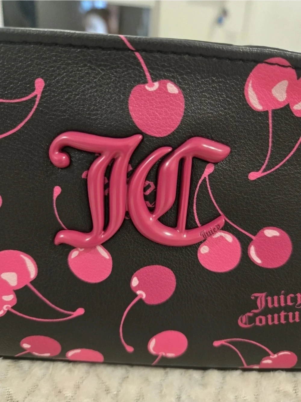 Juicy Couture Black & Pink Cherry Print Wristlet Bag NWT